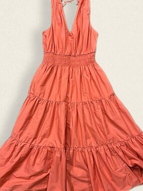 Maeve by Anthropologie Coral V-Neck Smocked Waist Tiered Maxi Dress Size 12